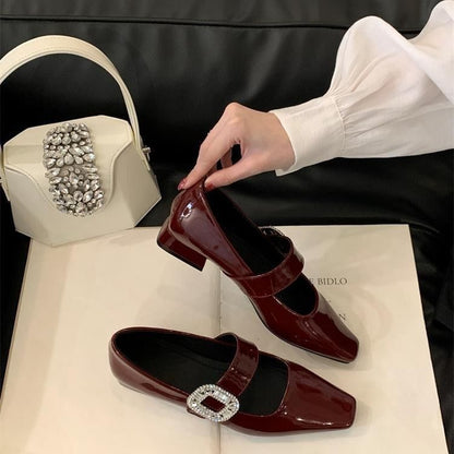 Low Heel Rhinestone Buckle Mary Jane Pumps