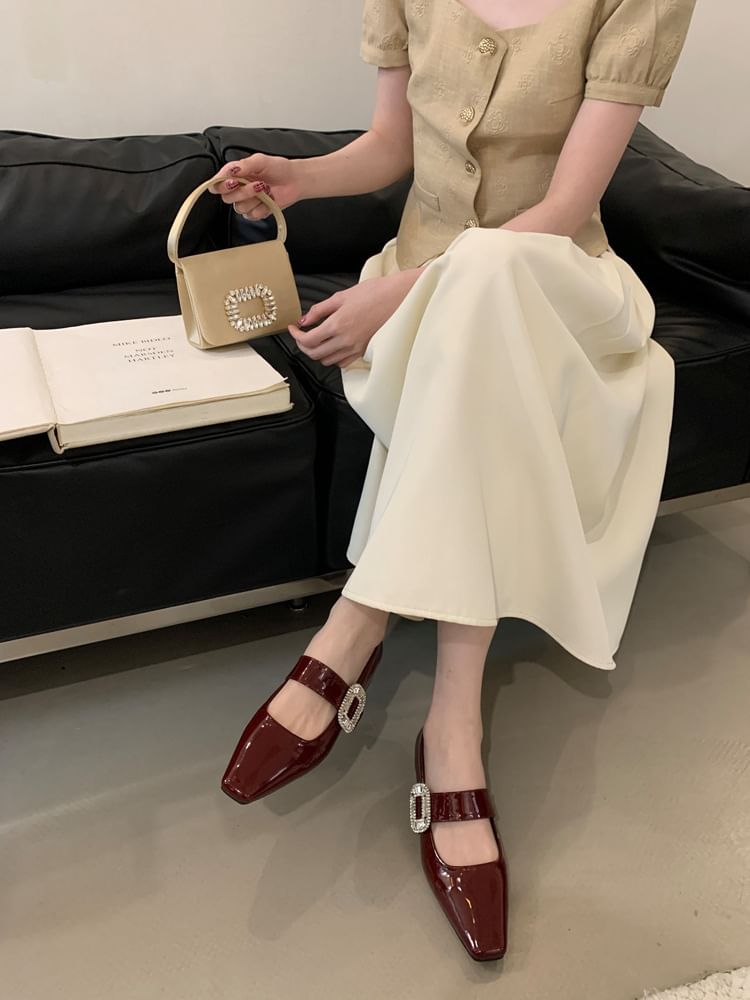 Low Heel Rhinestone Buckle Mary Jane Pumps