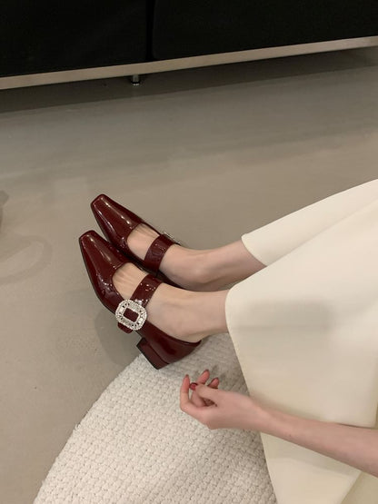 Low Heel Rhinestone Buckle Mary Jane Pumps