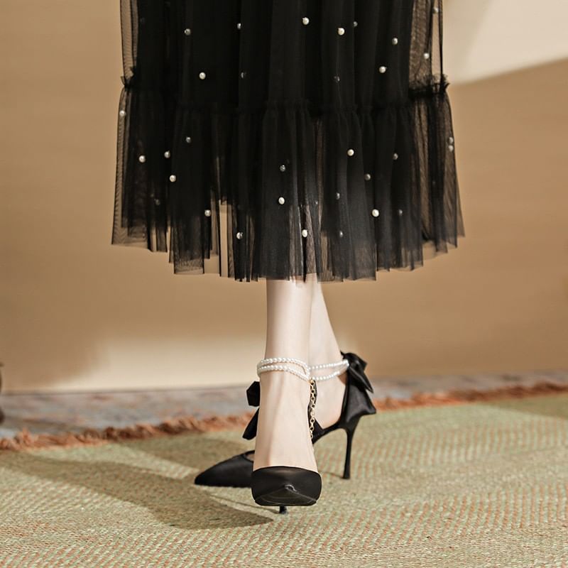 Strap Sandals Faux Stiletto Pearl Heel Bow