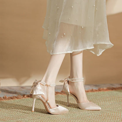 Strap Sandals Faux Stiletto Pearl Heel Bow