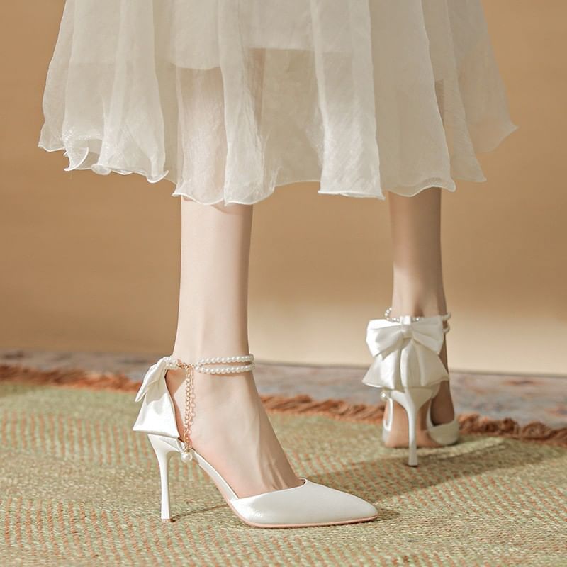 Strap Sandals Faux Stiletto Pearl Heel Bow