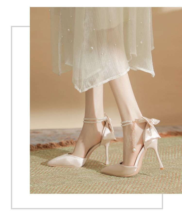 Strap Sandals Faux Stiletto Pearl Heel Bow