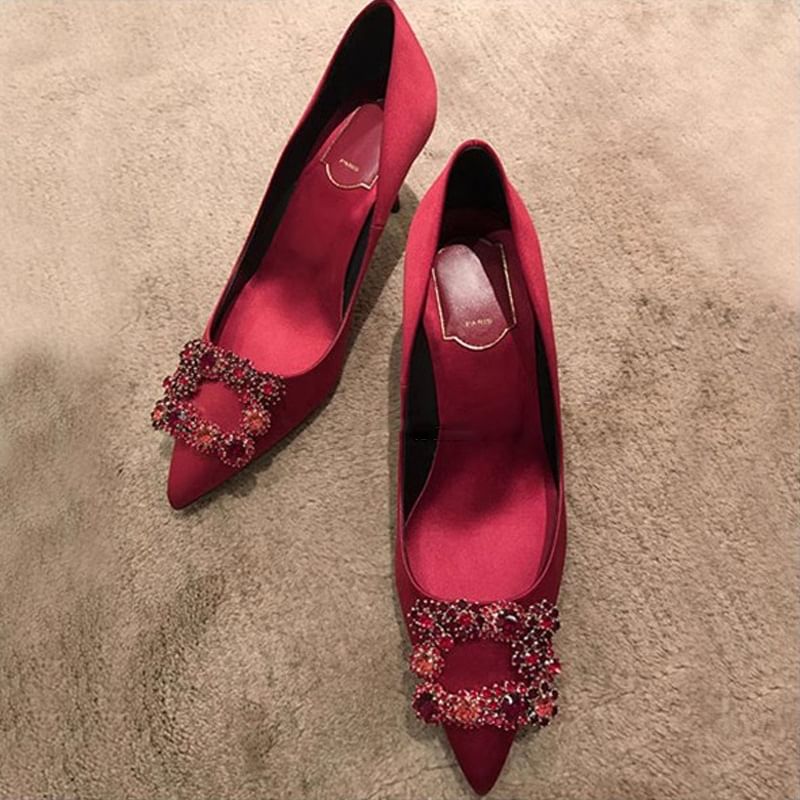 Pointed Rhinestone Kitten Heel Pumps