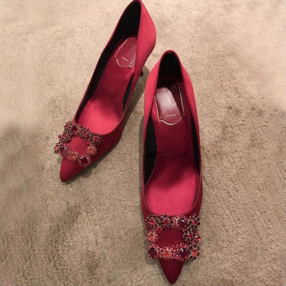 Pointed Rhinestone Kitten Heel Pumps
