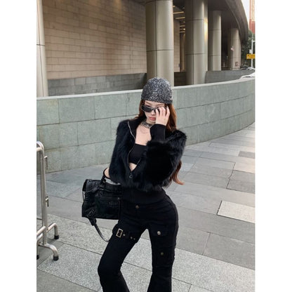 Plain Faux Fur Zip Jacket / High Rise Buckled Flared Jeans