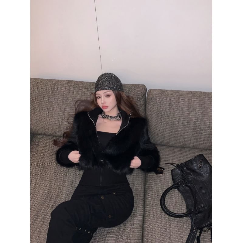 Plain Faux Fur Zip Jacket / High Rise Buckled Flared Jeans