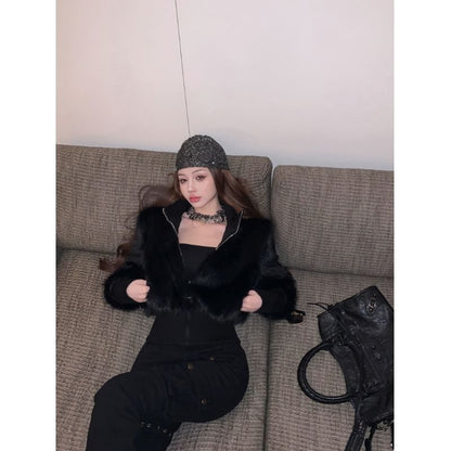 Plain Faux Fur Zip Jacket / High Rise Buckled Flared Jeans