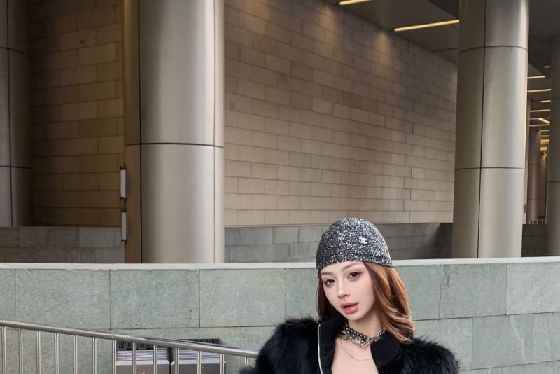 Plain Faux Fur Zip Jacket / High Rise Buckled Flared Jeans