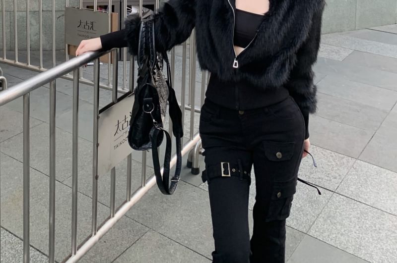 Plain Faux Fur Zip Jacket / High Rise Buckled Flared Jeans