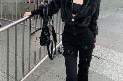 Plain Faux Fur Zip Jacket / High Rise Buckled Flared Jeans