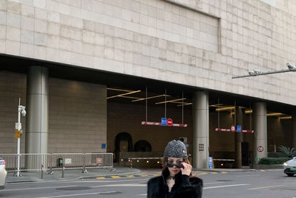 Plain Faux Fur Zip Jacket / High Rise Buckled Flared Jeans