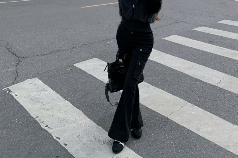 Plain Faux Fur Zip Jacket / High Rise Buckled Flared Jeans