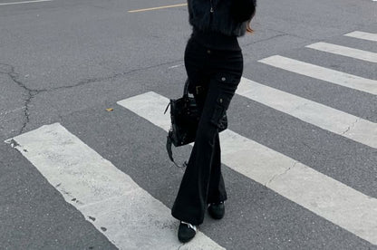 Plain Faux Fur Zip Jacket / High Rise Buckled Flared Jeans