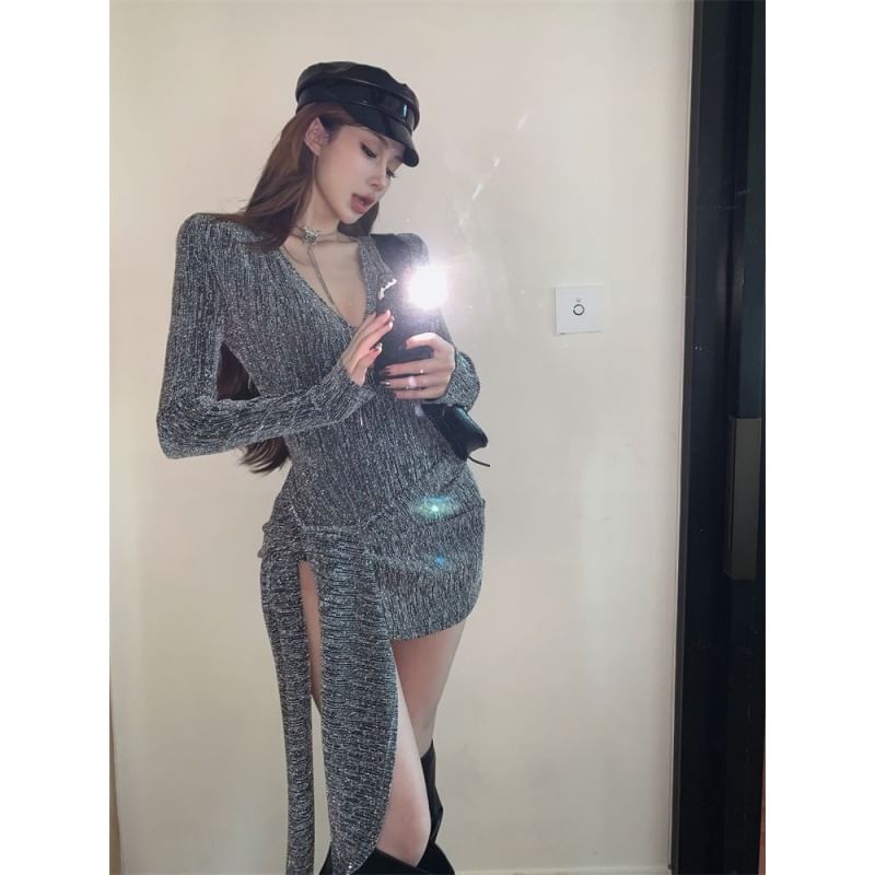 V-Neck Glitter Bodysuit & Wrap Pencil Mini Skirt Set