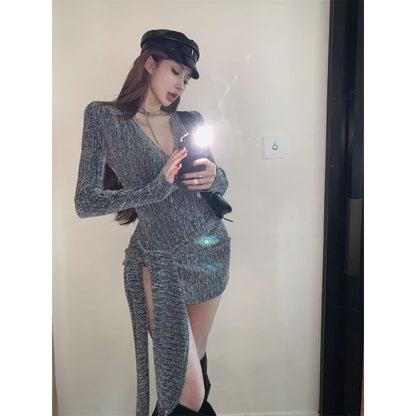 V-Neck Glitter Bodysuit & Wrap Pencil Mini Skirt Set