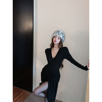 V-Neck Glitter Bodysuit & Wrap Pencil Mini Skirt Set