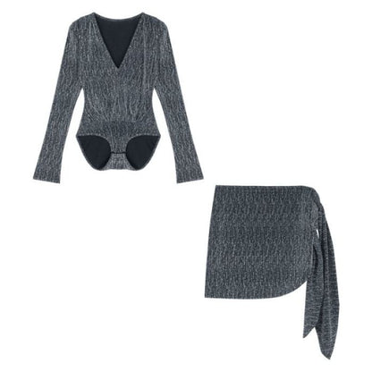 V-Neck Glitter Bodysuit & Wrap Pencil Mini Skirt Set