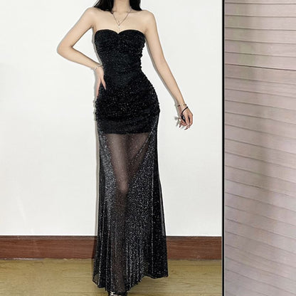 Strapless Glitter Sheath Maxi Dress