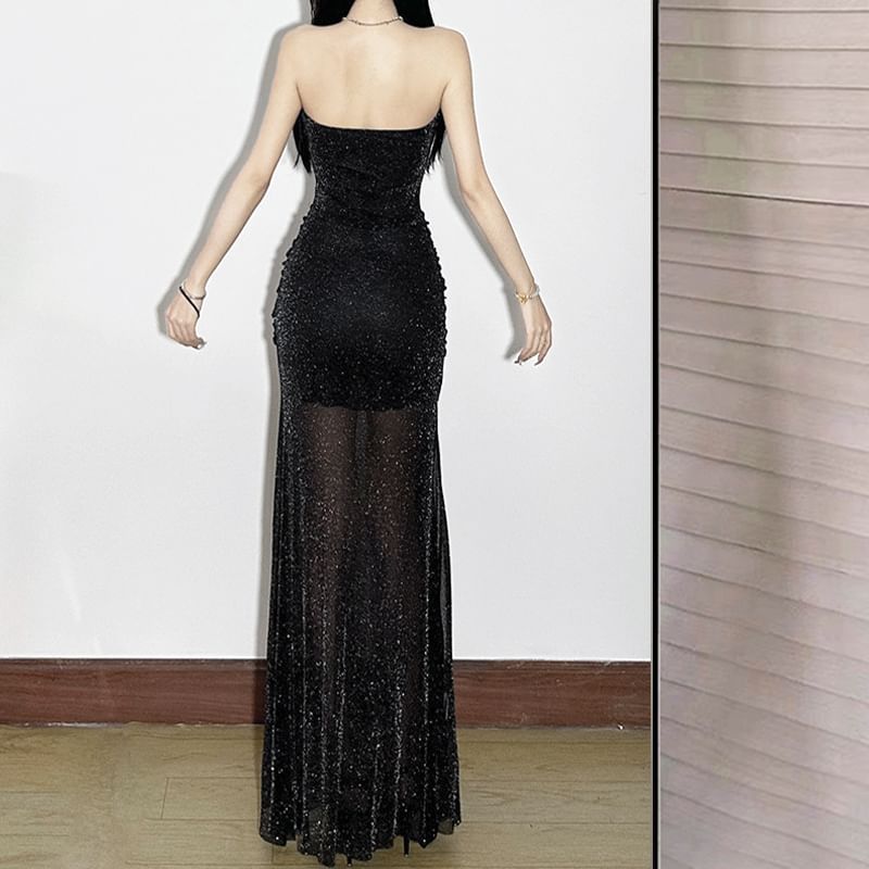 Strapless Glitter Sheath Maxi Dress