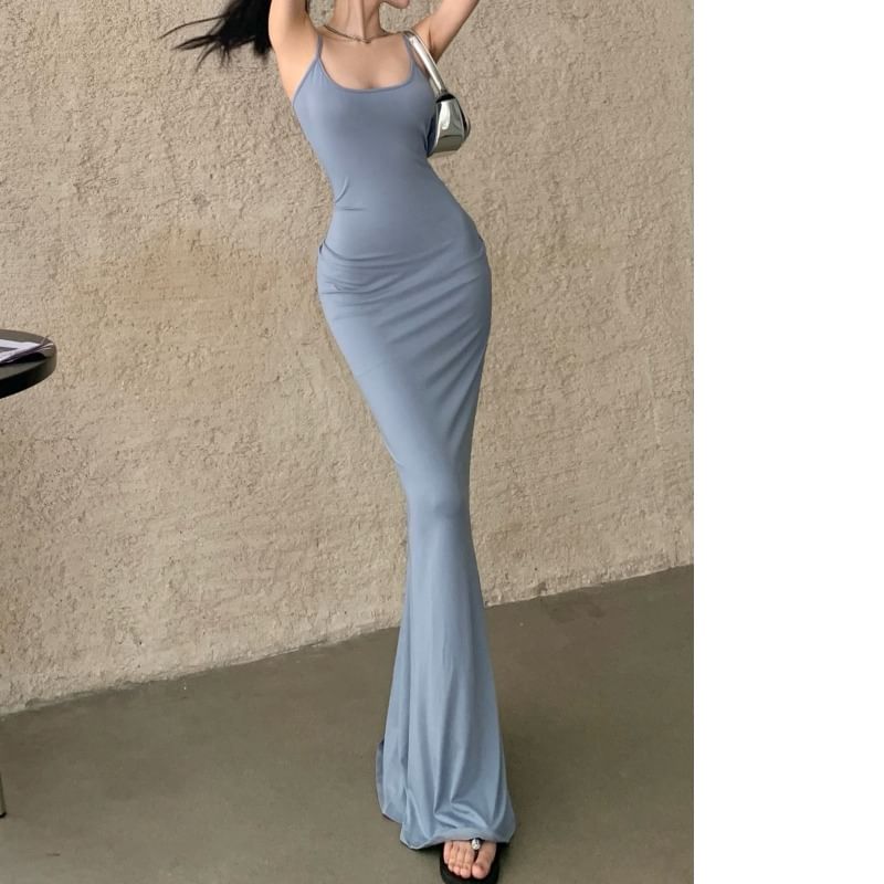 Spaghetti Strap Scoop Neck Plain Mermaid Maxi Dress