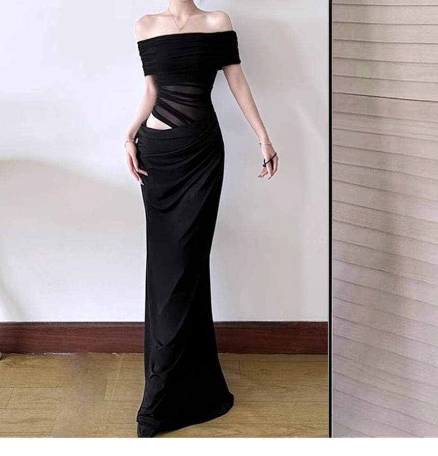 Off Shoulder Mesh Panel Cutout Mermaid Maxi Dress