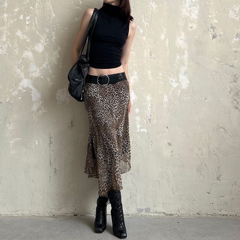 Leopard Print Asymmetrical Midi Skirt with Low Rise
