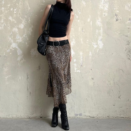 Leopard Print Asymmetrical Midi Skirt with Low Rise