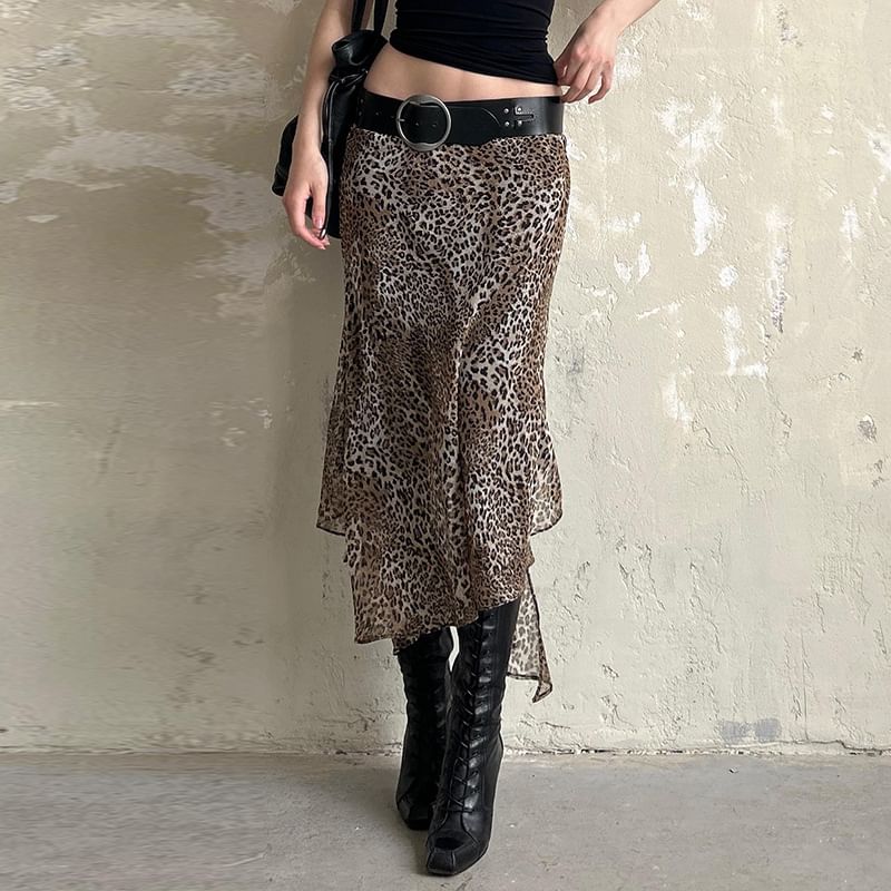 Leopard Print Asymmetrical Midi Skirt with Low Rise
