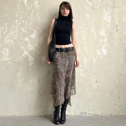 Leopard Print Asymmetrical Midi Skirt with Low Rise