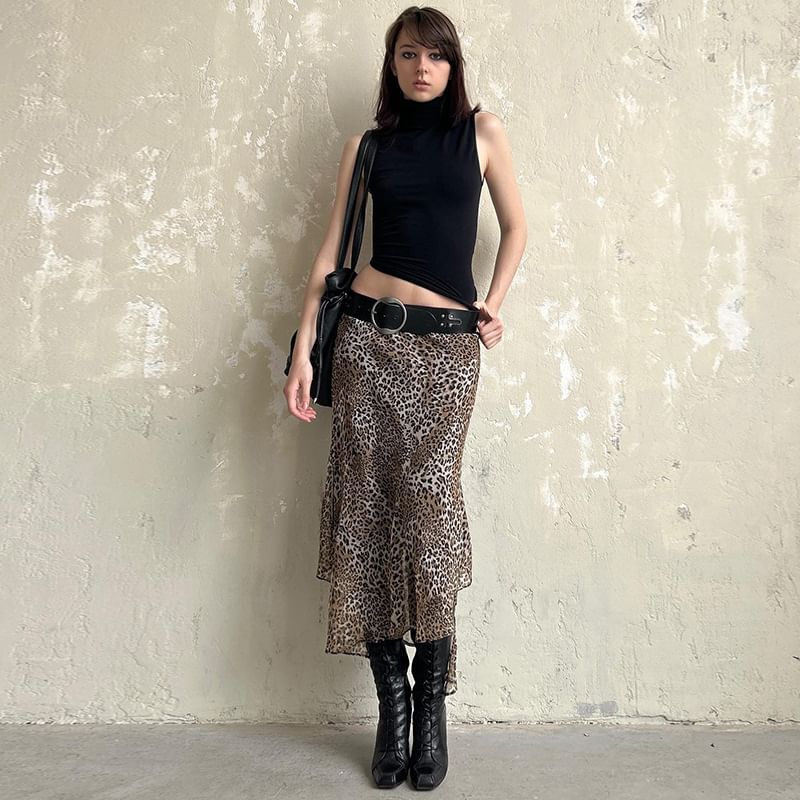 Leopard Print Asymmetrical Midi Skirt with Low Rise