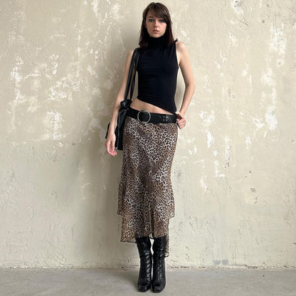 Leopard Print Asymmetrical Midi Skirt with Low Rise