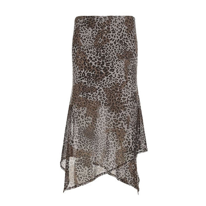 Leopard Print Asymmetrical Midi Skirt with Low Rise