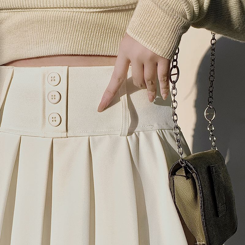 Solid Pleated High-Waisted Mini Flared Skirt