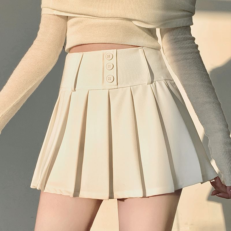 Solid Pleated High-Waisted Mini Flared Skirt