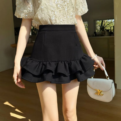 Ruffled Hem High-Waisted Mini Flared Skirt