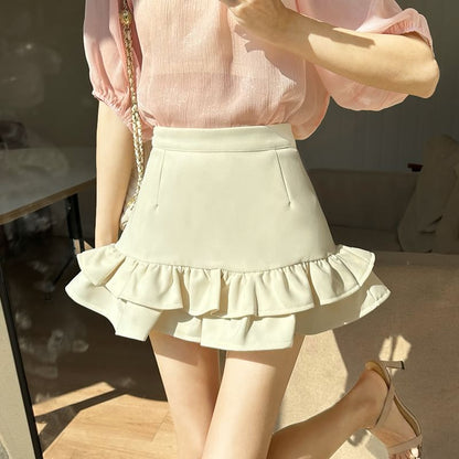 Ruffled Hem High-Waisted Mini Flared Skirt
