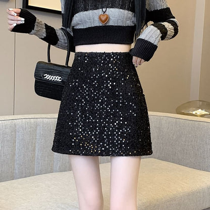 Sequin Embellished High-Waisted Mini Flared Skirt