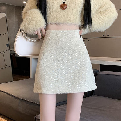 Sequin Embellished High-Waisted Mini Flared Skirt