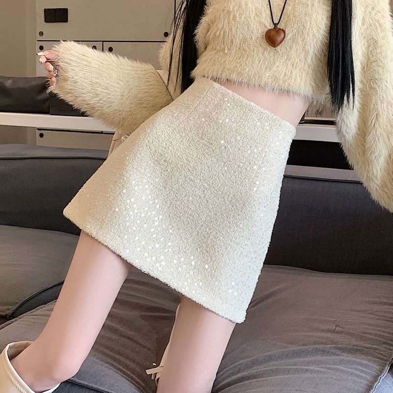 Sequin Embellished High-Waisted Mini Flared Skirt