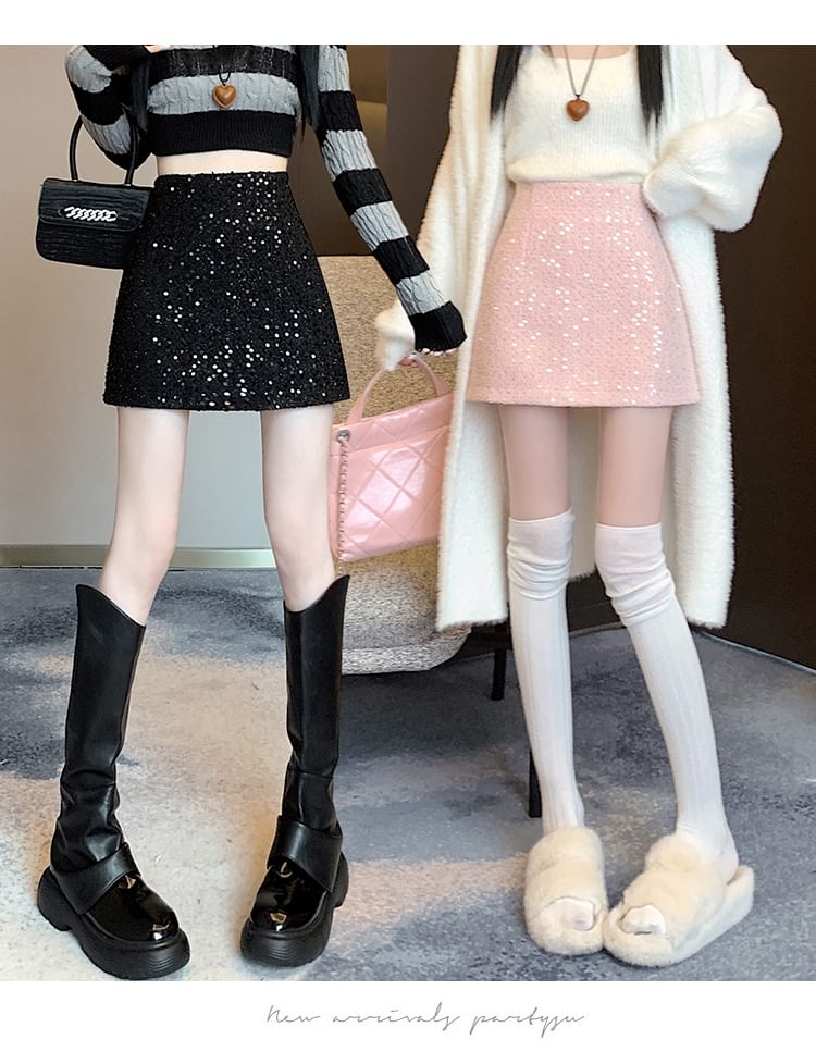 Sequin Embellished High-Waisted Mini Flared Skirt
