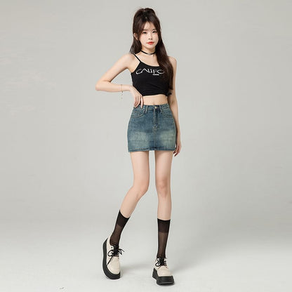 Washed Denim High-Rise Pencil Mini Skirt