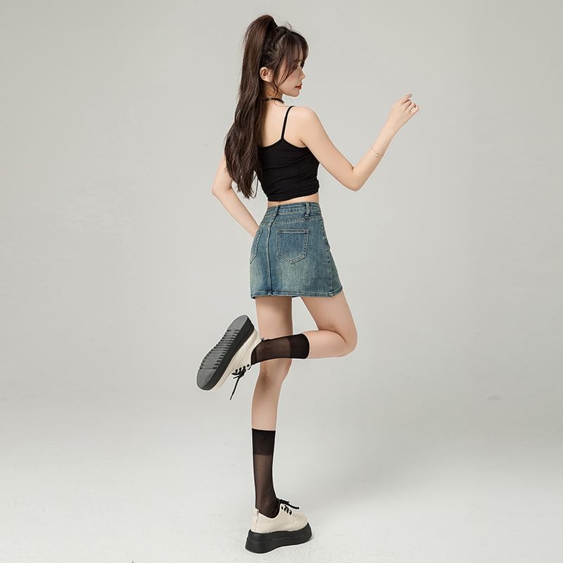 Washed Denim High-Rise Pencil Mini Skirt