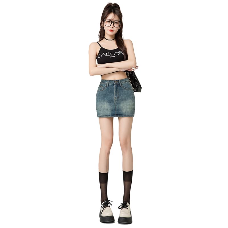 Washed Denim High-Rise Pencil Mini Skirt