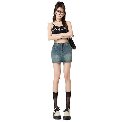 Washed Denim High-Rise Pencil Mini Skirt