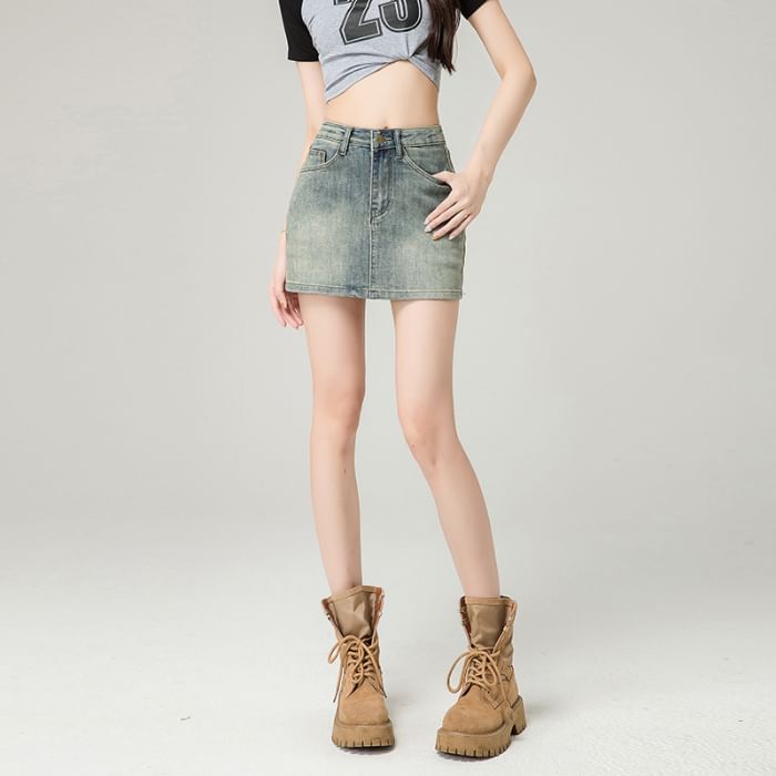 Washed Denim High-Rise Pencil Mini Skirt