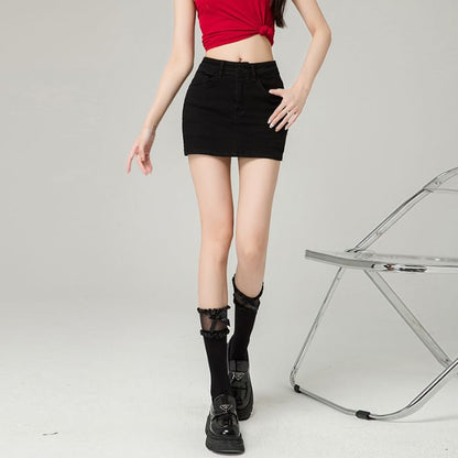 Washed Denim High-Rise Pencil Mini Skirt