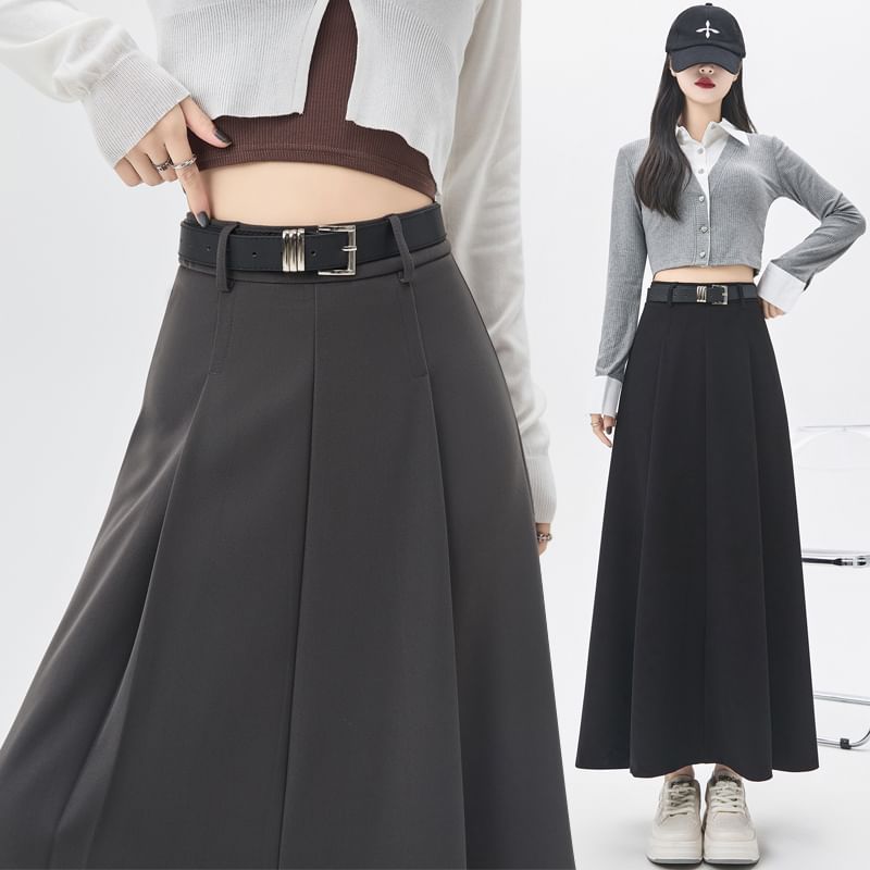 Pleated High-Rise Maxi A-Line Skirt in Solid Tone