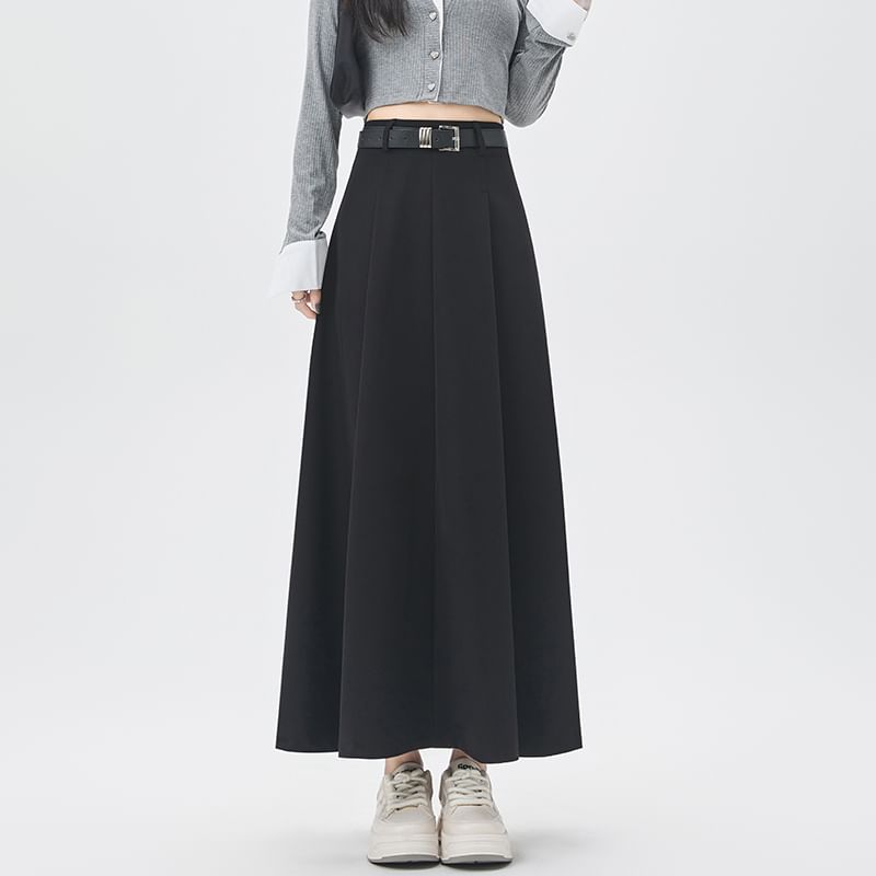 Pleated High-Rise Maxi A-Line Skirt in Solid Tone