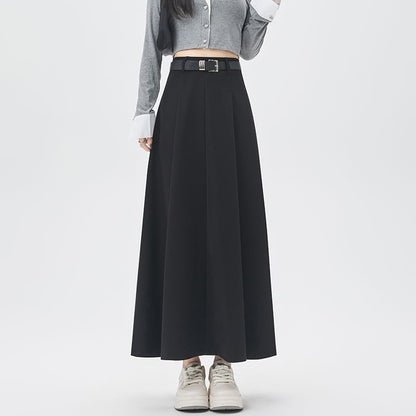 Pleated High-Rise Maxi A-Line Skirt in Solid Tone